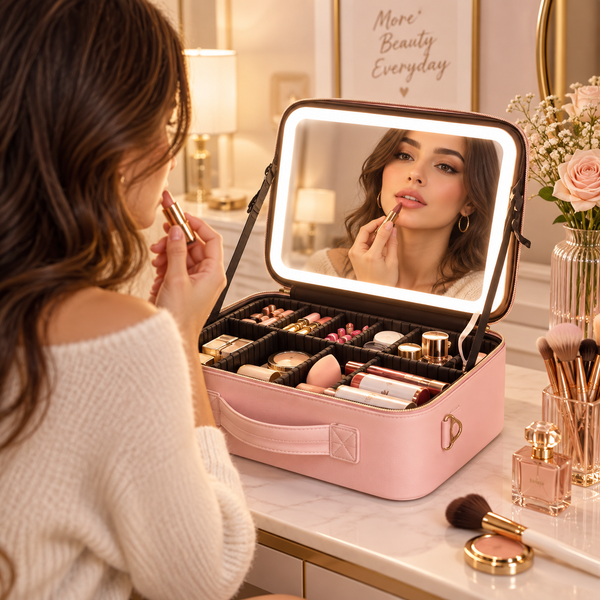 Organizador de maquillaje portátil con espejo LED